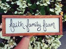 Load image into Gallery viewer, Faith. Family. Farm. Sign, farmhouse, housewarming, fixer upper, sign, wall, white, cabin